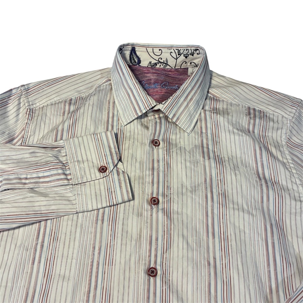 Robert Graham Mens Cream Striped Long Sleeve Button Down Shirt Classic Fit L